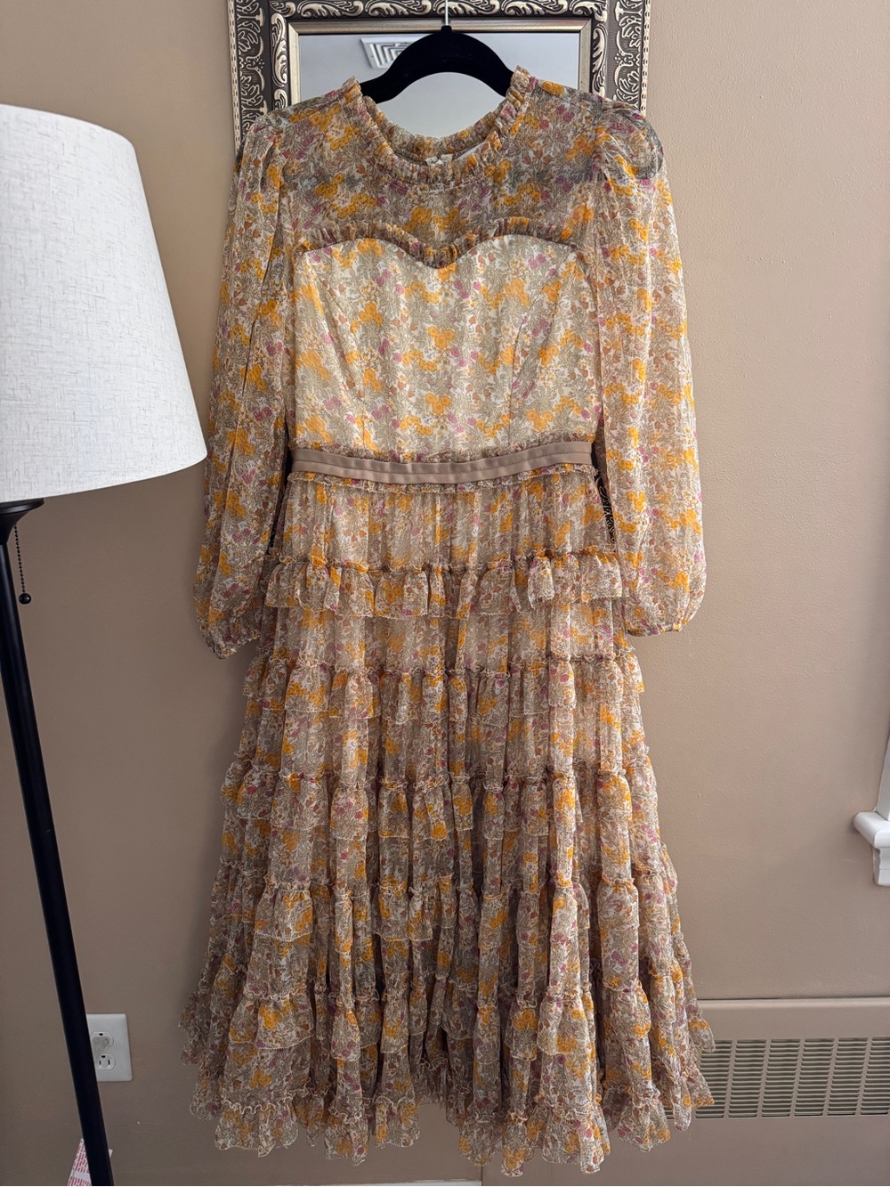 Ivy City Co Mustard and Cream Floral Long Sleeve Tiered Midi Dress